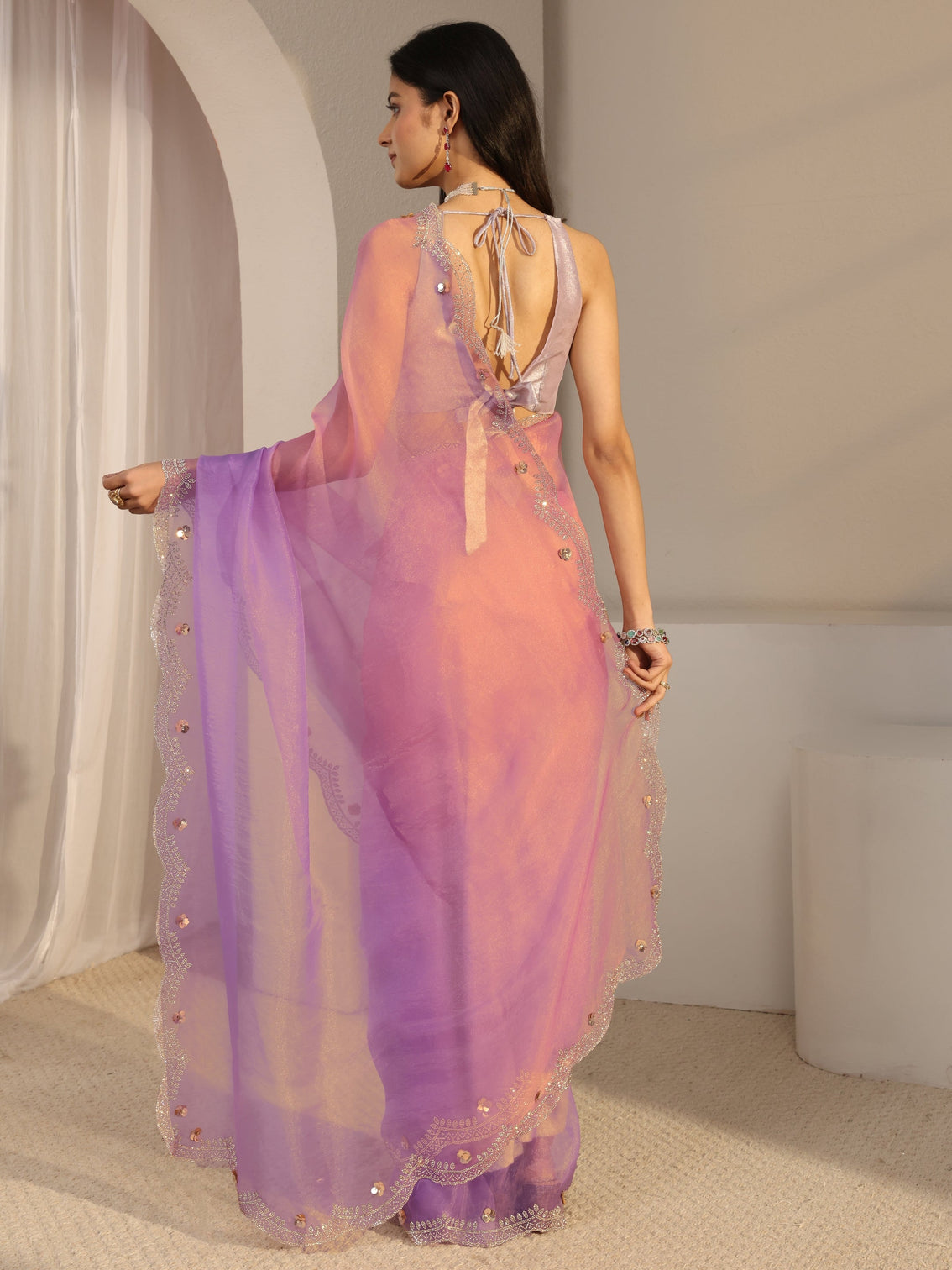 Mameraa Purple Embellished Tissue Saree With Unstiched Blouse Piece