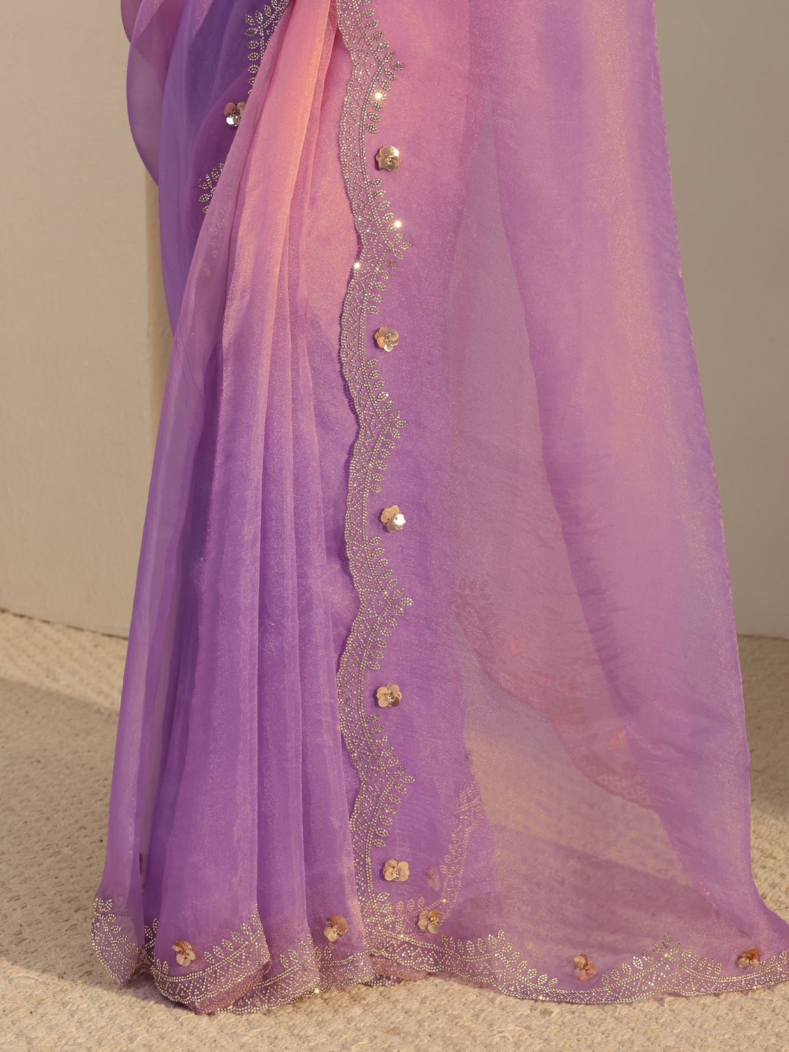 Mameraa Purple Embellished Tissue Saree With Unstiched Blouse Piece