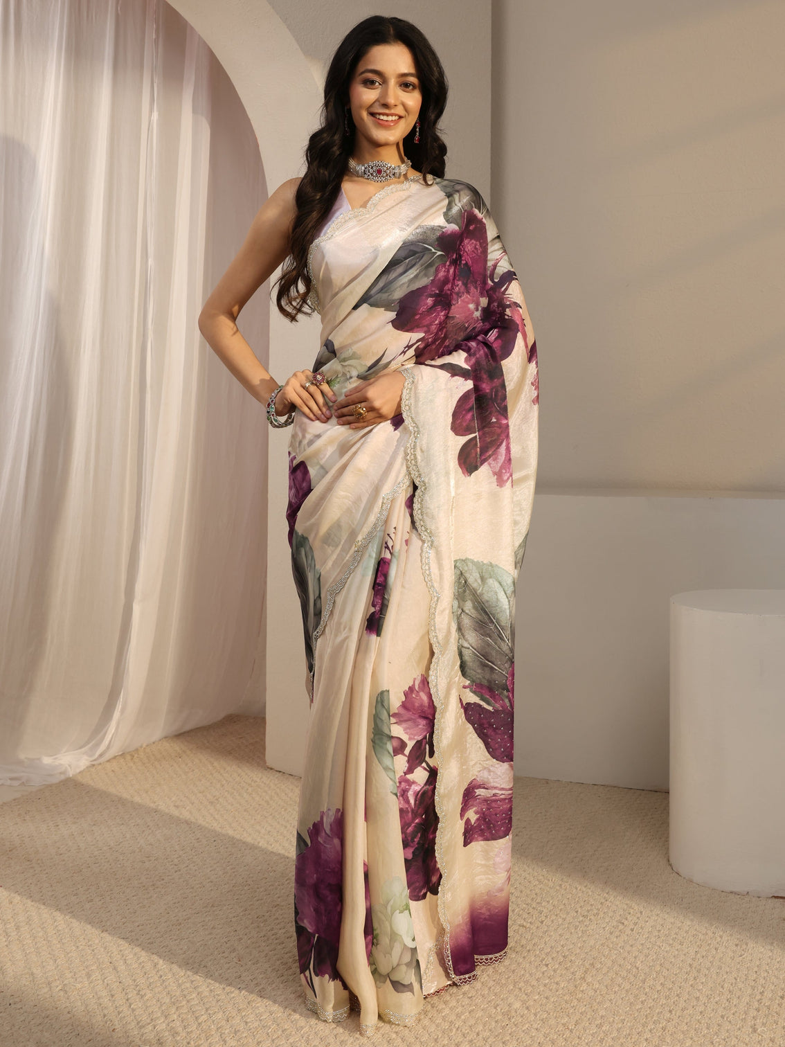 Mameraa Ivory Embellished Tissue Saree With Unstiched Blouse Piece