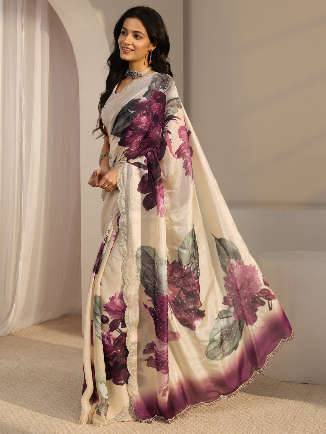 Mameraa Ivory Embellished Tissue Saree With Unstiched Blouse Piece