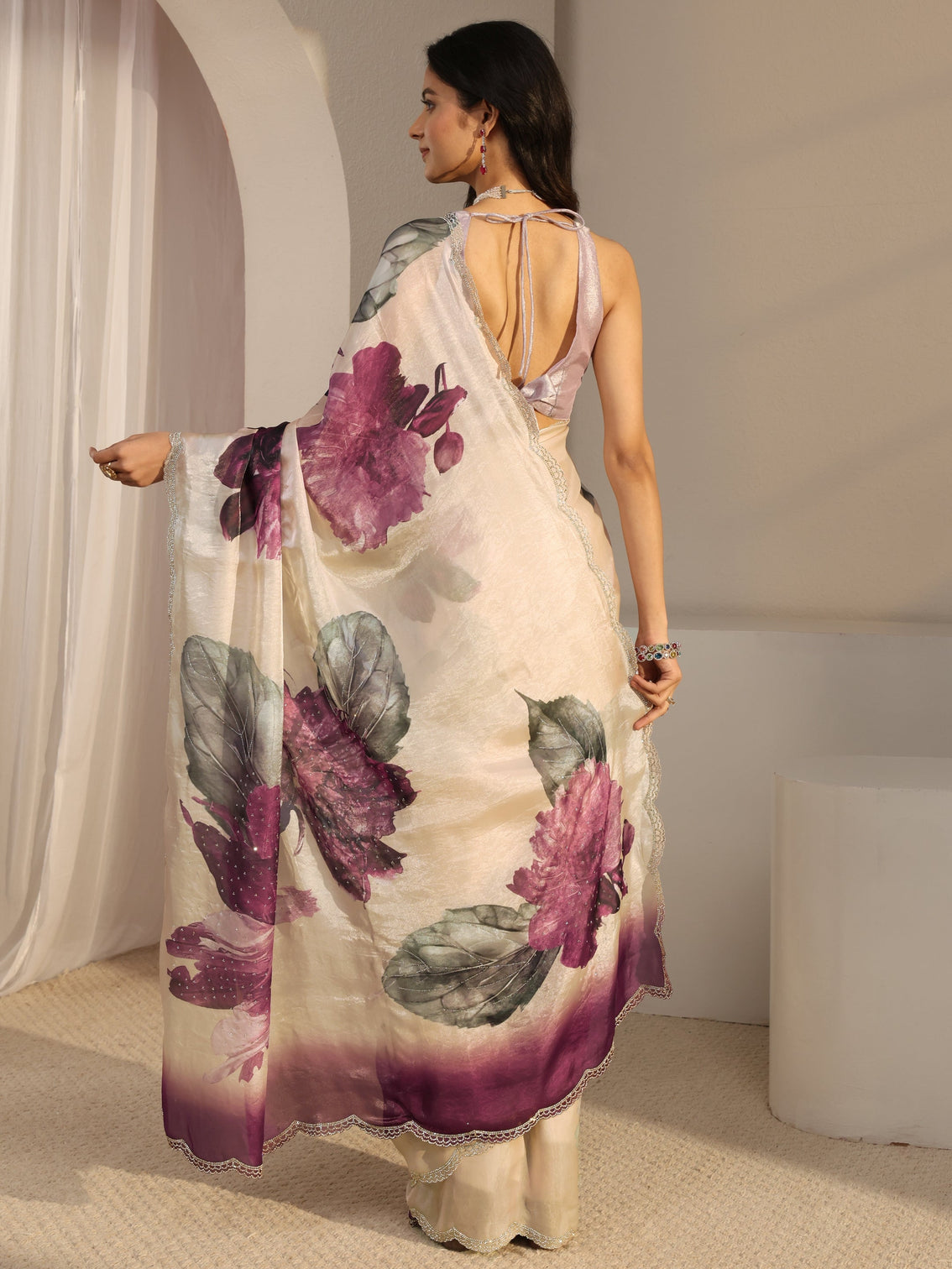 Mameraa Ivory Embellished Tissue Saree With Unstiched Blouse Piece