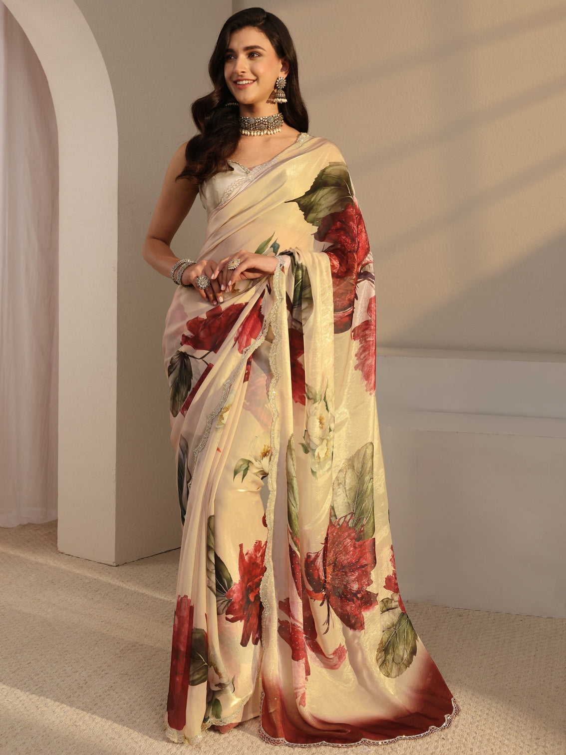 Mameraa Ivory Floral Printed Tissue Saree With Unstitched Blouse Piece