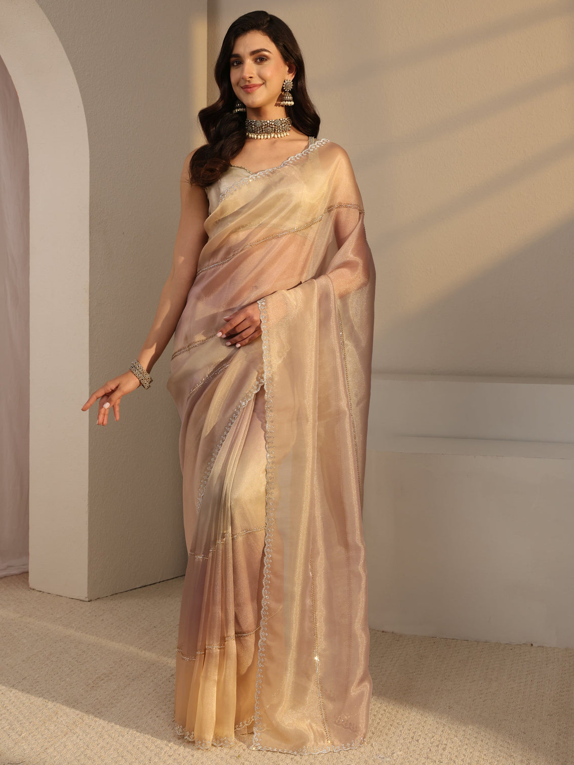 Mameraa Beige Embellished Tissue Saree  With Unstitched Blouse Piece