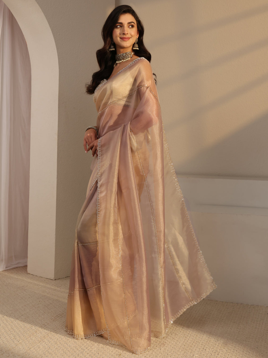 Mameraa Beige Embellished Tissue Saree  With Unstitched Blouse Piece