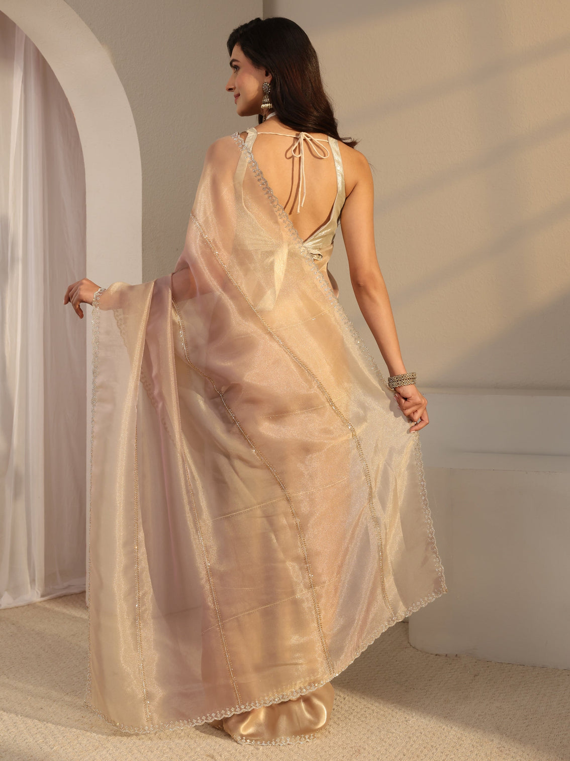 Mameraa Beige Embellished Tissue Saree  With Unstitched Blouse Piece