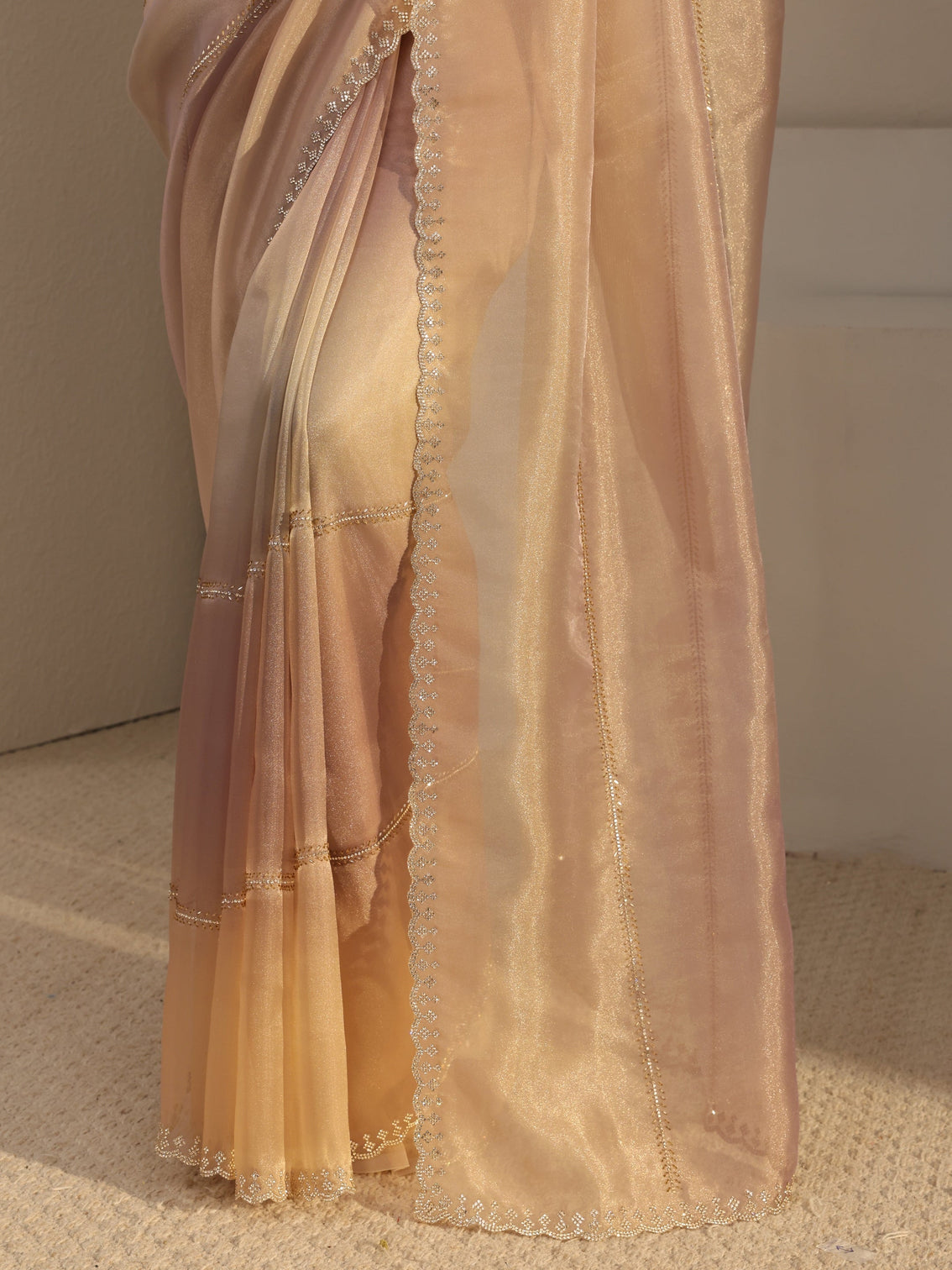 Mameraa Beige Embellished Tissue Saree  With Unstitched Blouse Piece