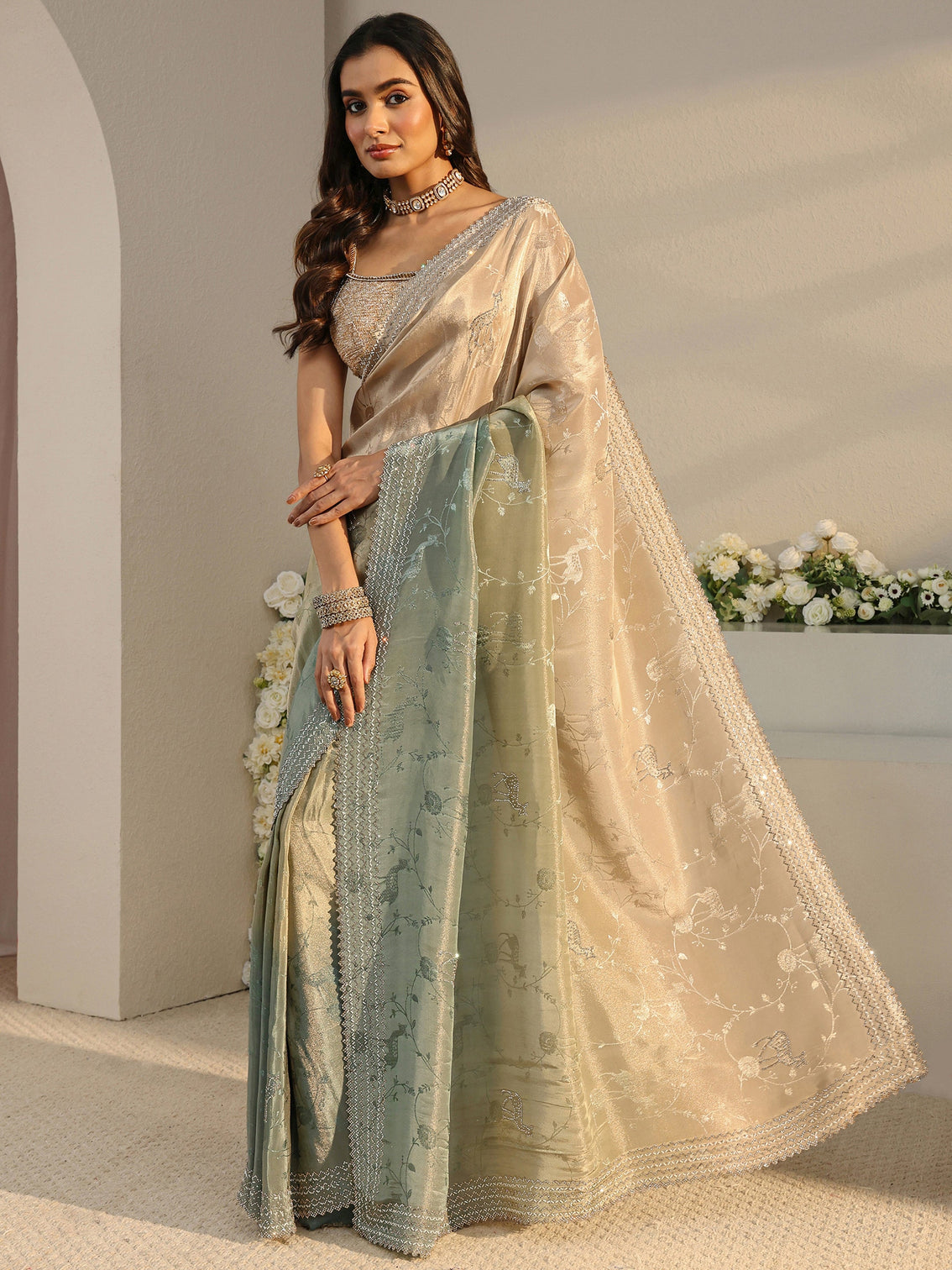 Mameraa Art Green Floral Woven Design Ombre Satin Saree With Unstitched Blouse Piece
