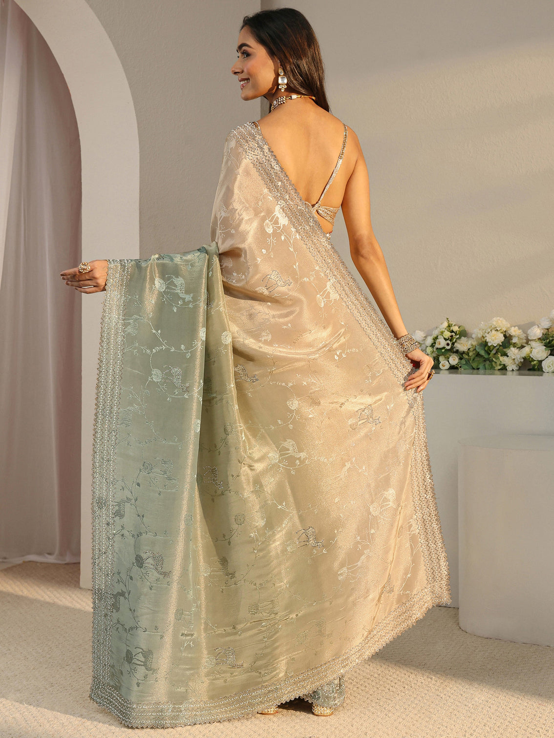 Mameraa Art Green Floral Woven Design Ombre Satin Saree With Unstitched Blouse Piece