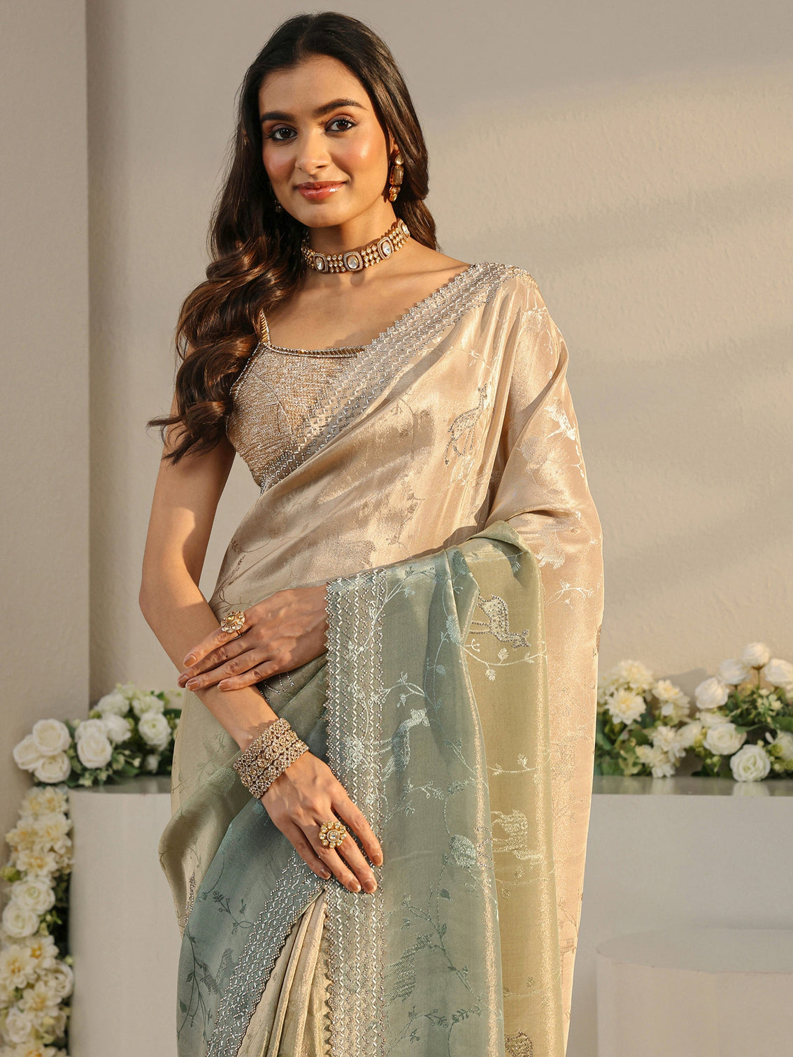 Mameraa Art Green Floral Woven Design Ombre Satin Saree With Unstitched Blouse Piece