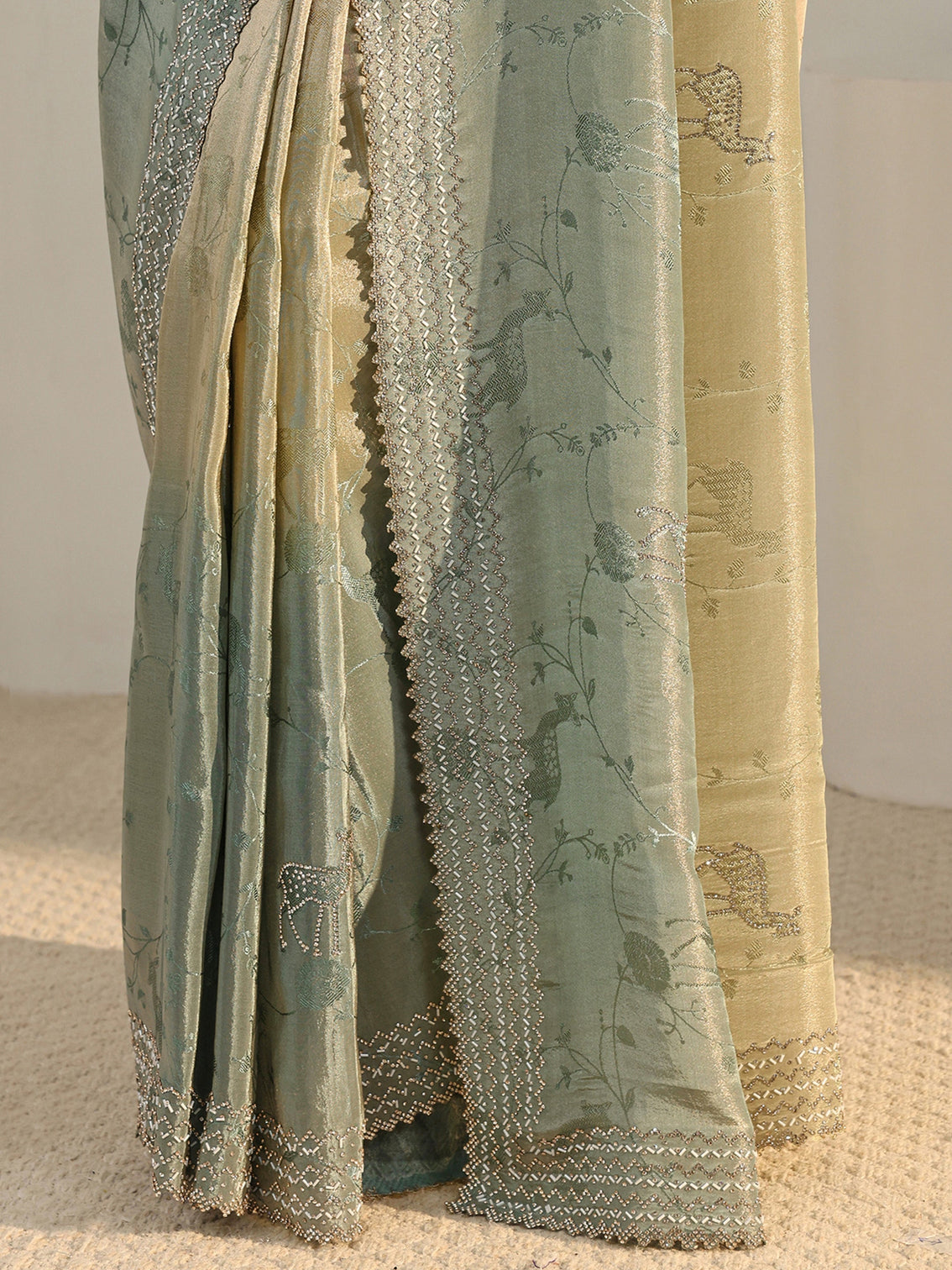 Mameraa Art Green Floral Woven Design Ombre Satin Saree With Unstitched Blouse Piece
