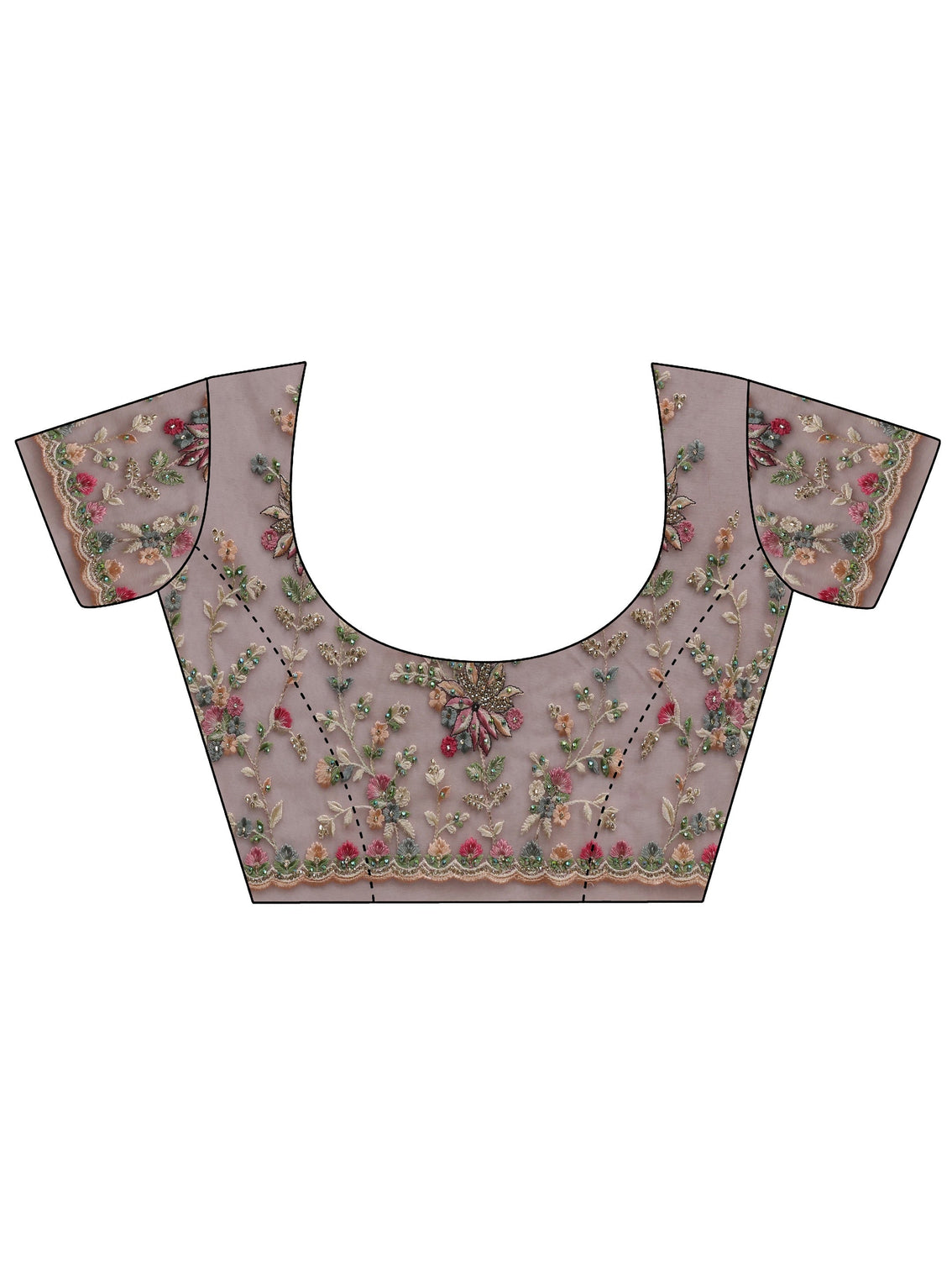 Mameraa Art Pink Floral Embroidered Net Saree With Unstitched Blouse Piece