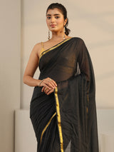 Libas Black Solid Cotton Tassel Saree