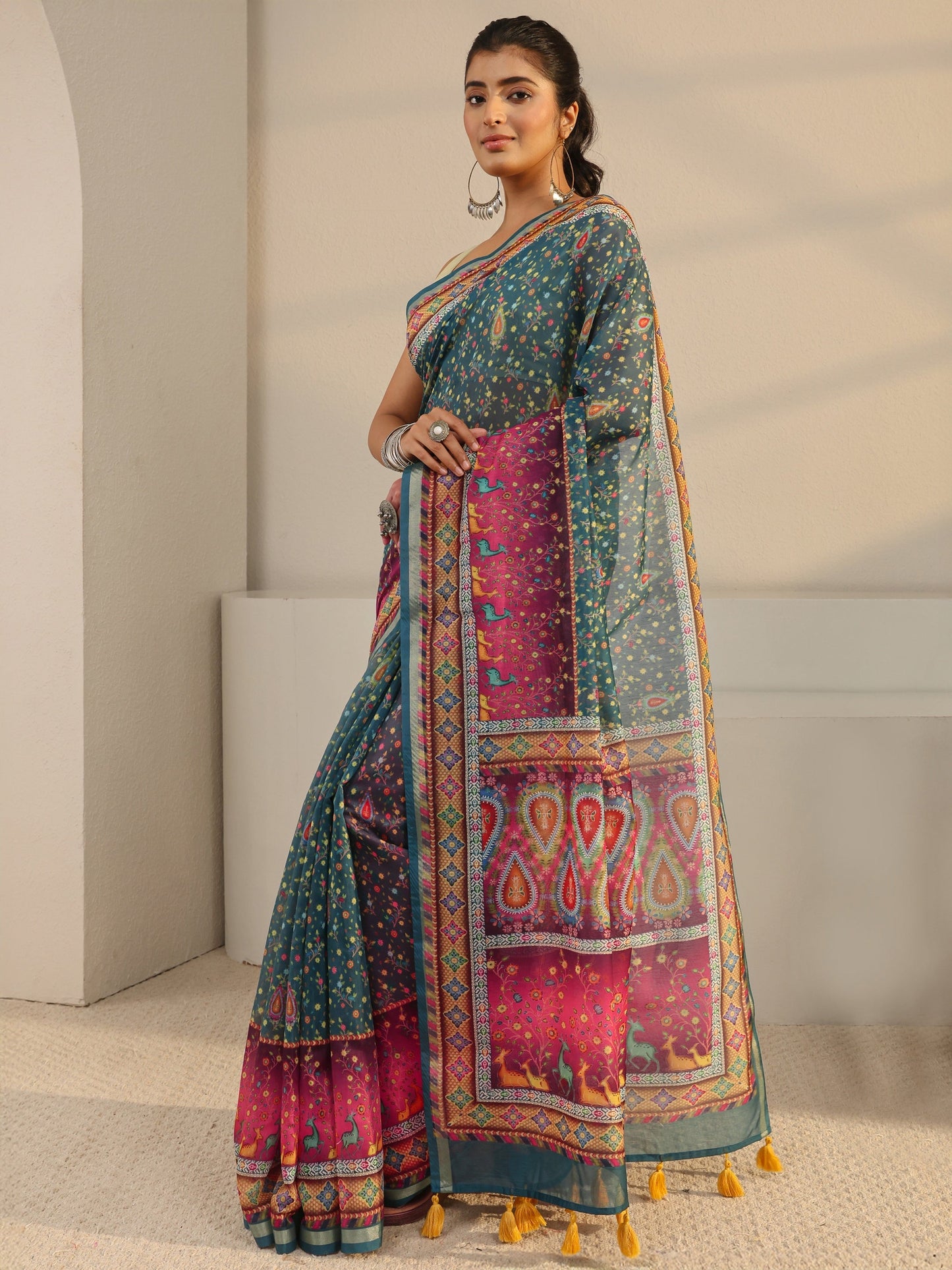 Libas Green Floral Printed Silk Blend Tassel Saree