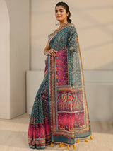 Libas Green Floral Printed Silk Blend Tassel Saree