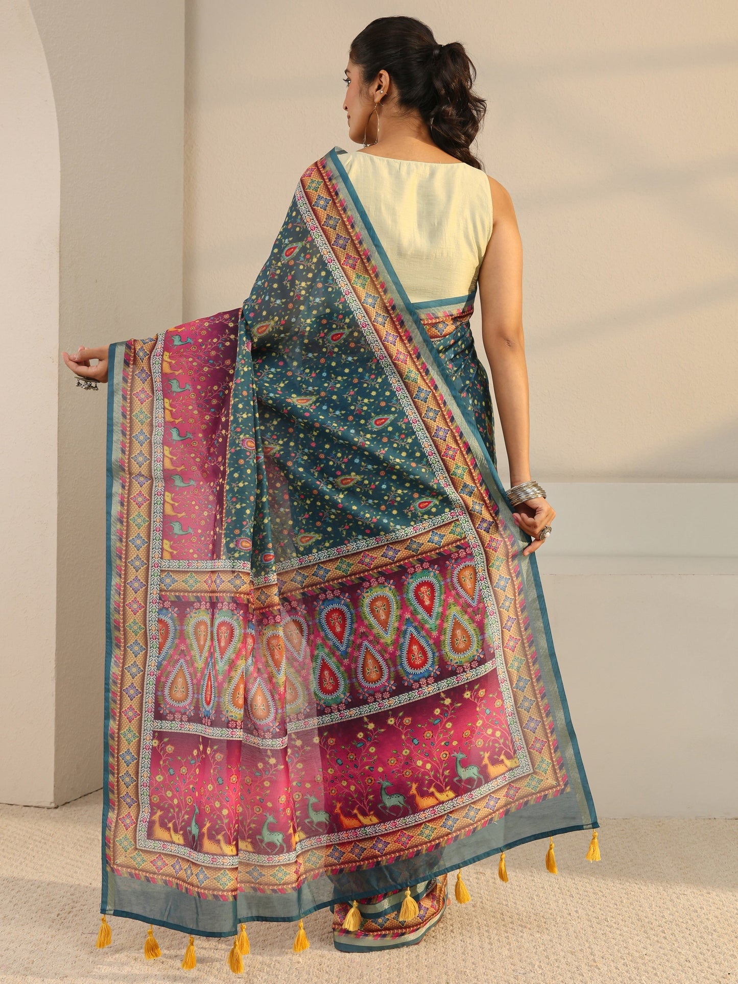 Libas Green Floral Printed Silk Blend Tassel Saree