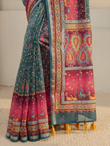 Libas Green Floral Printed Silk Blend Tassel Saree