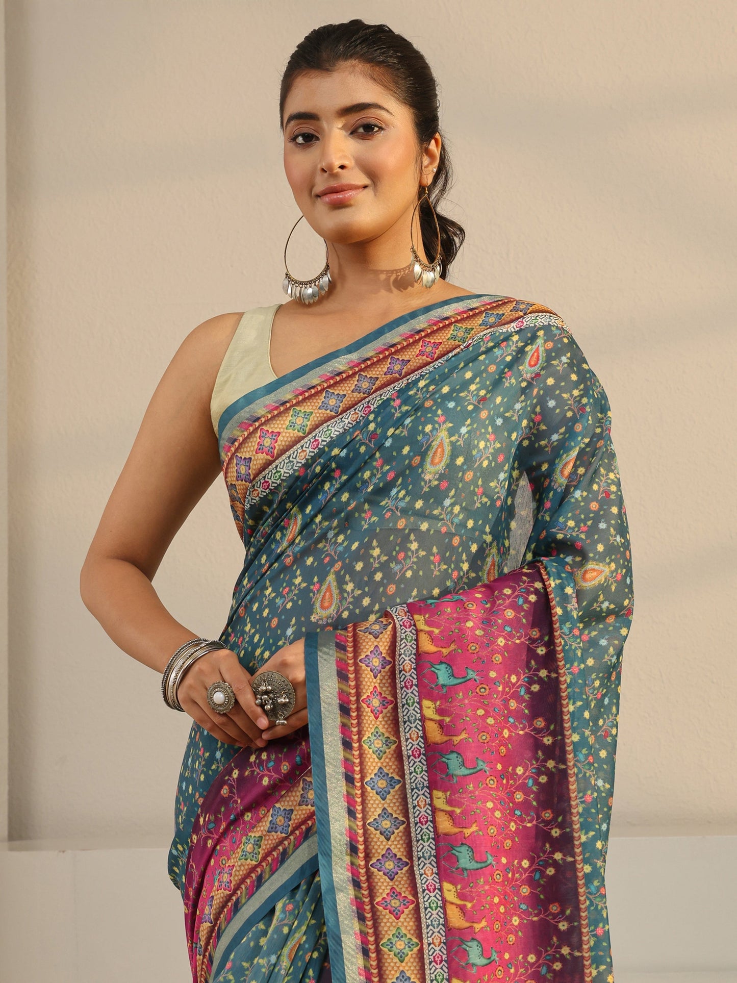 Libas Green Floral Printed Silk Blend Tassel Saree