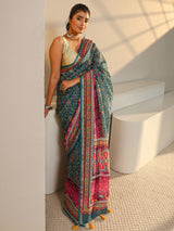 Libas Green Floral Printed Silk Blend Tassel Saree
