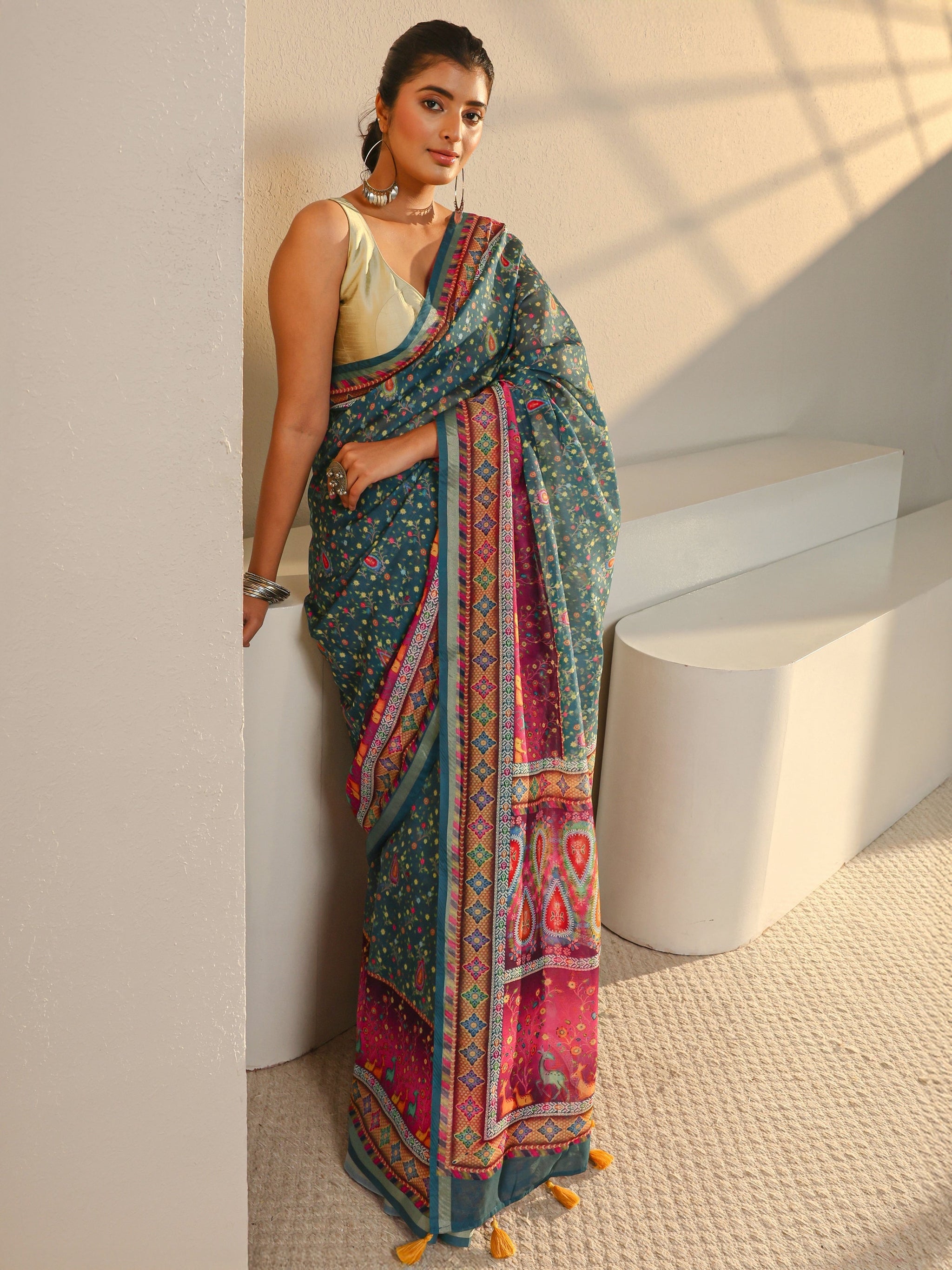 Libas Green Floral Printed Silk Blend Tassel Saree