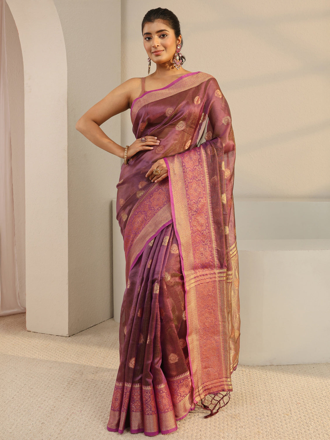 Mameraa Burgundy Jacquard Woven Design Silk Blend Saree
