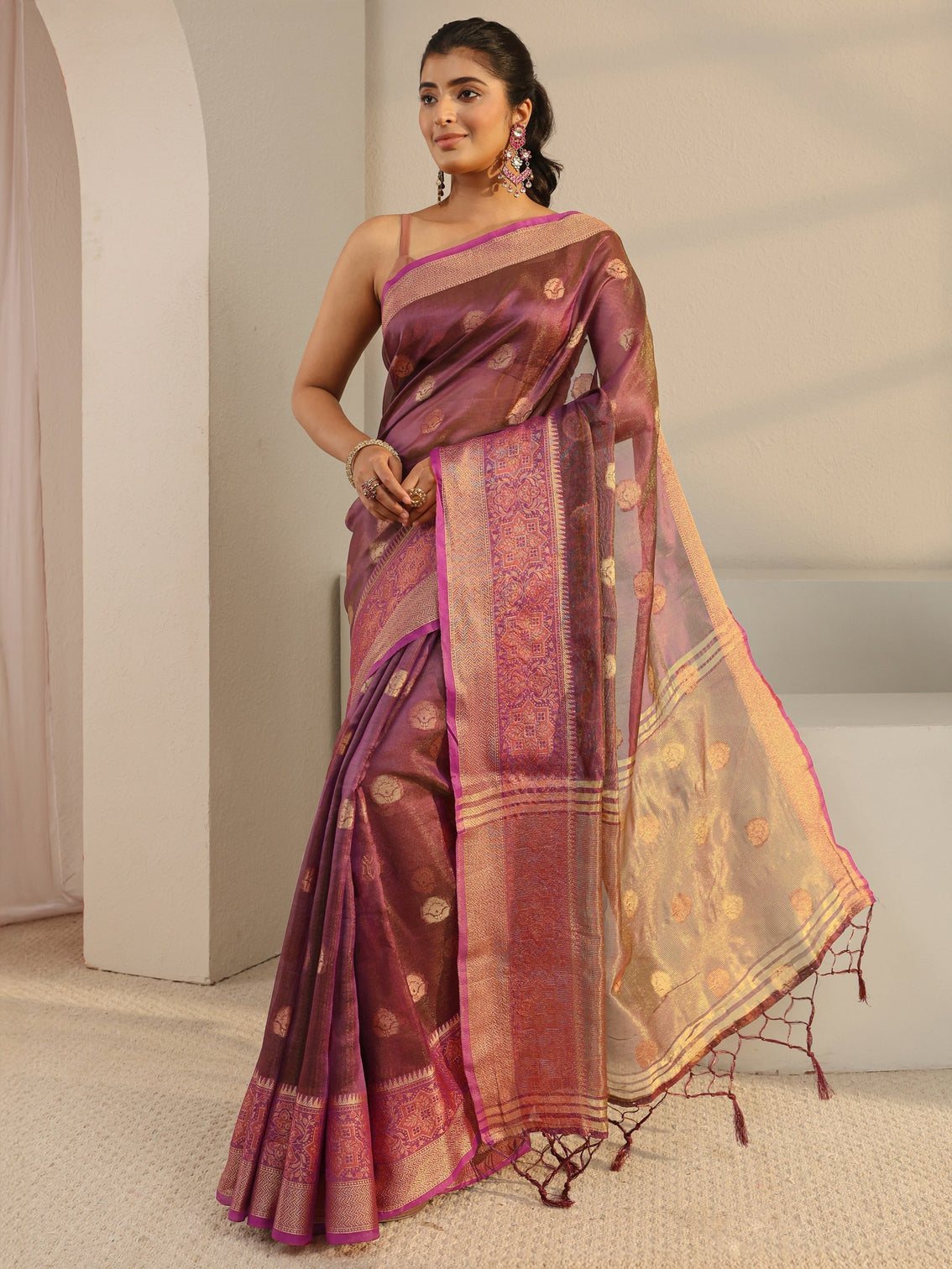 Mameraa Burgundy Jacquard Woven Design Silk Blend Saree