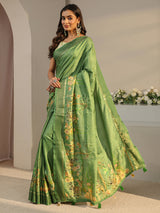 Libas Green Royal Printed Silk Blend Saree With Unstitched Blouse Piece