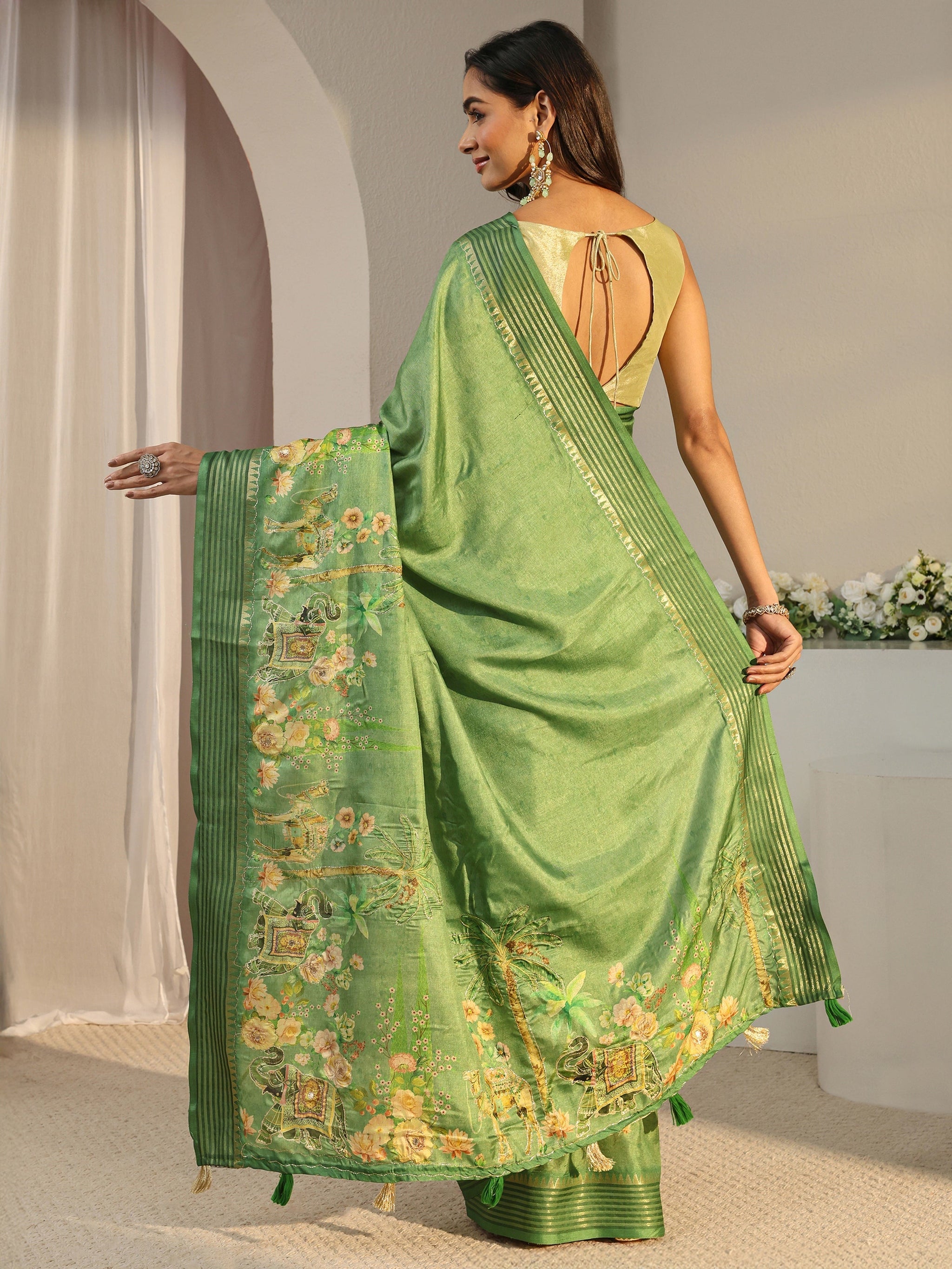 Libas Green Royal Printed Silk Blend Saree With Unstitched Blouse Piece
