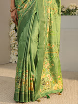 Libas Green Royal Printed Silk Blend Saree With Unstitched Blouse Piece