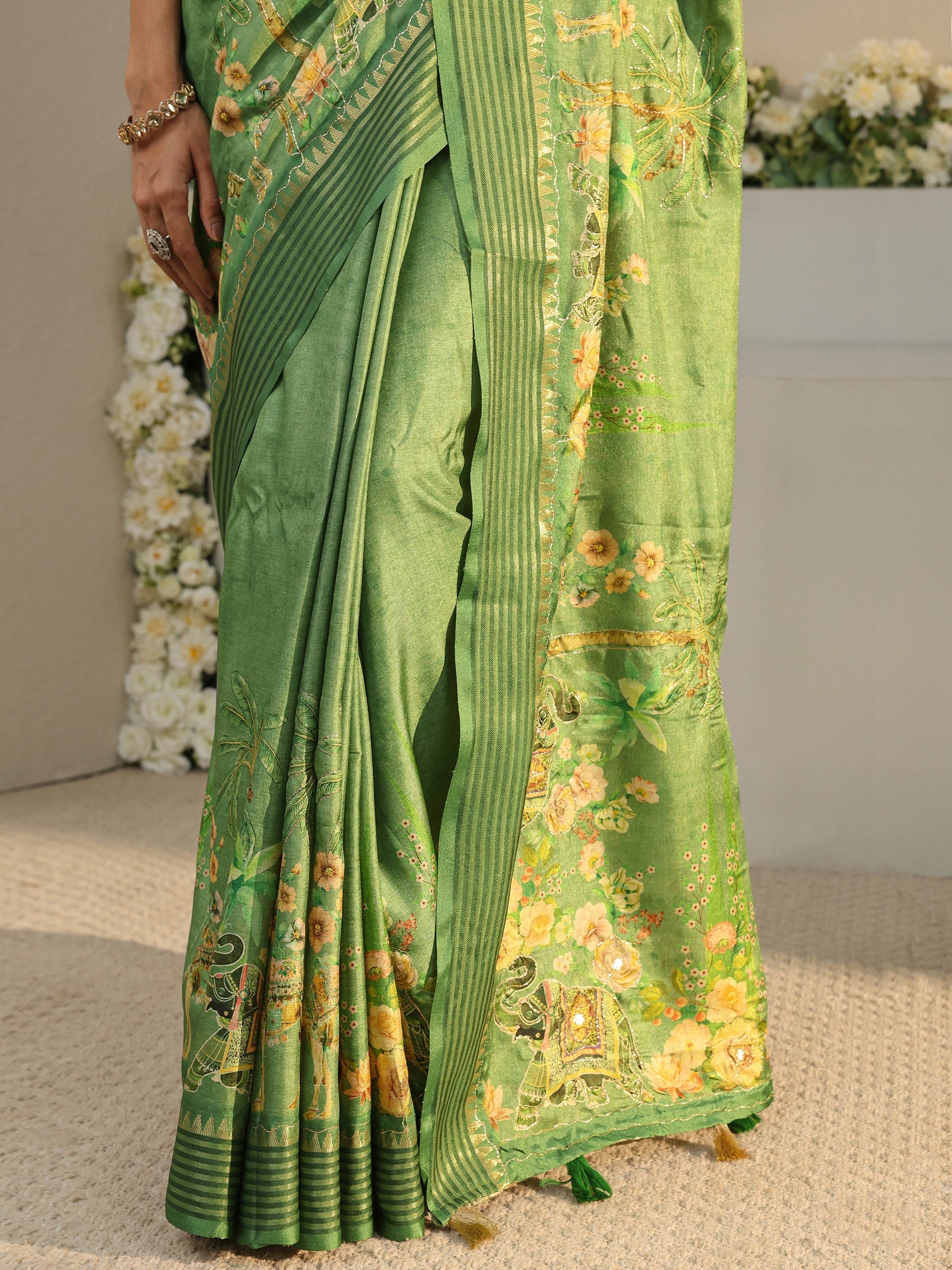 Libas Green Royal Printed Silk Blend Saree With Unstitched Blouse Piece