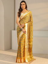 Libas Mustard Printed Chiffon Saree With Unstitched Blouse Piece