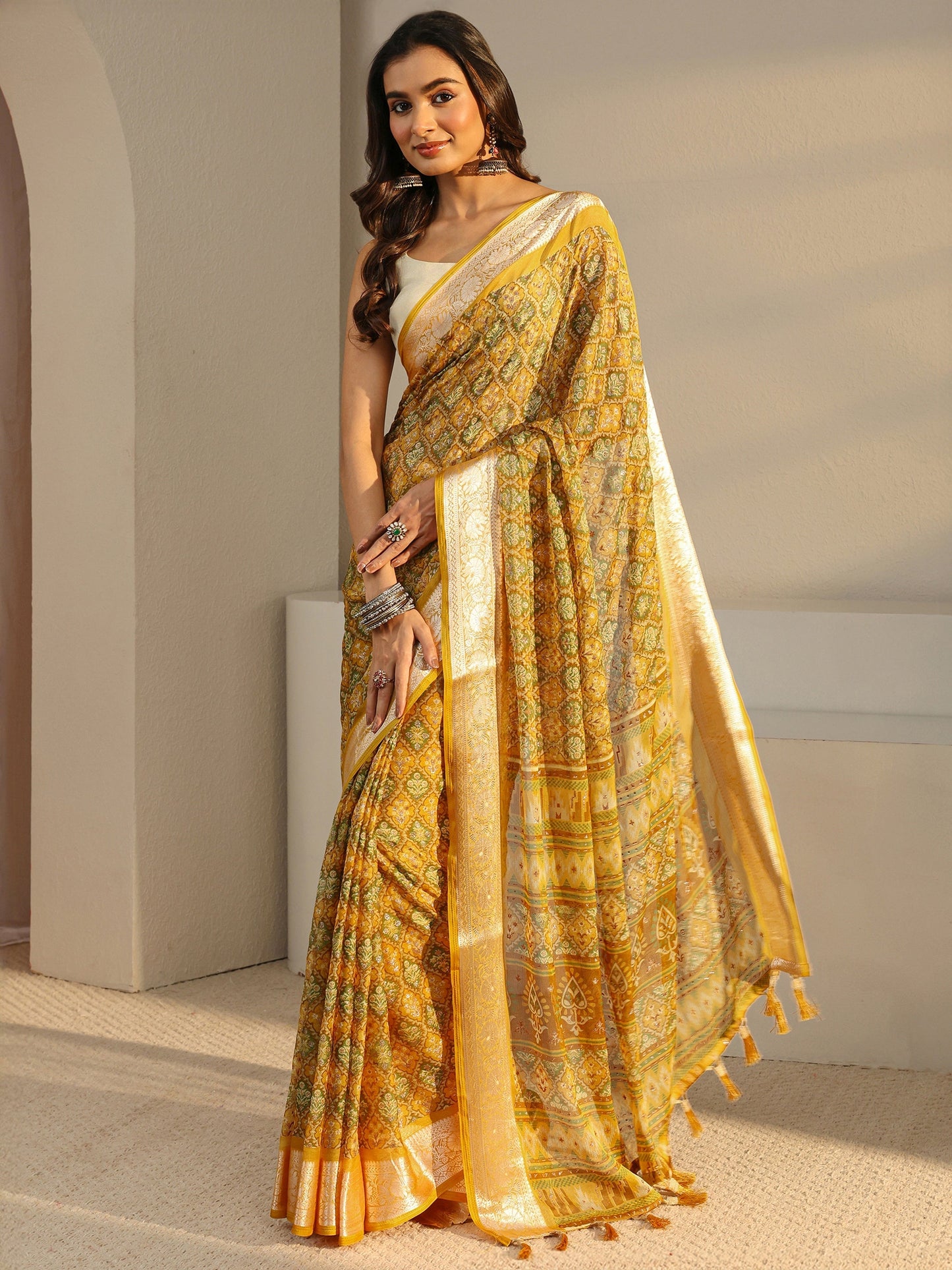 Libas Mustard Printed Chiffon Saree With Unstitched Blouse Piece