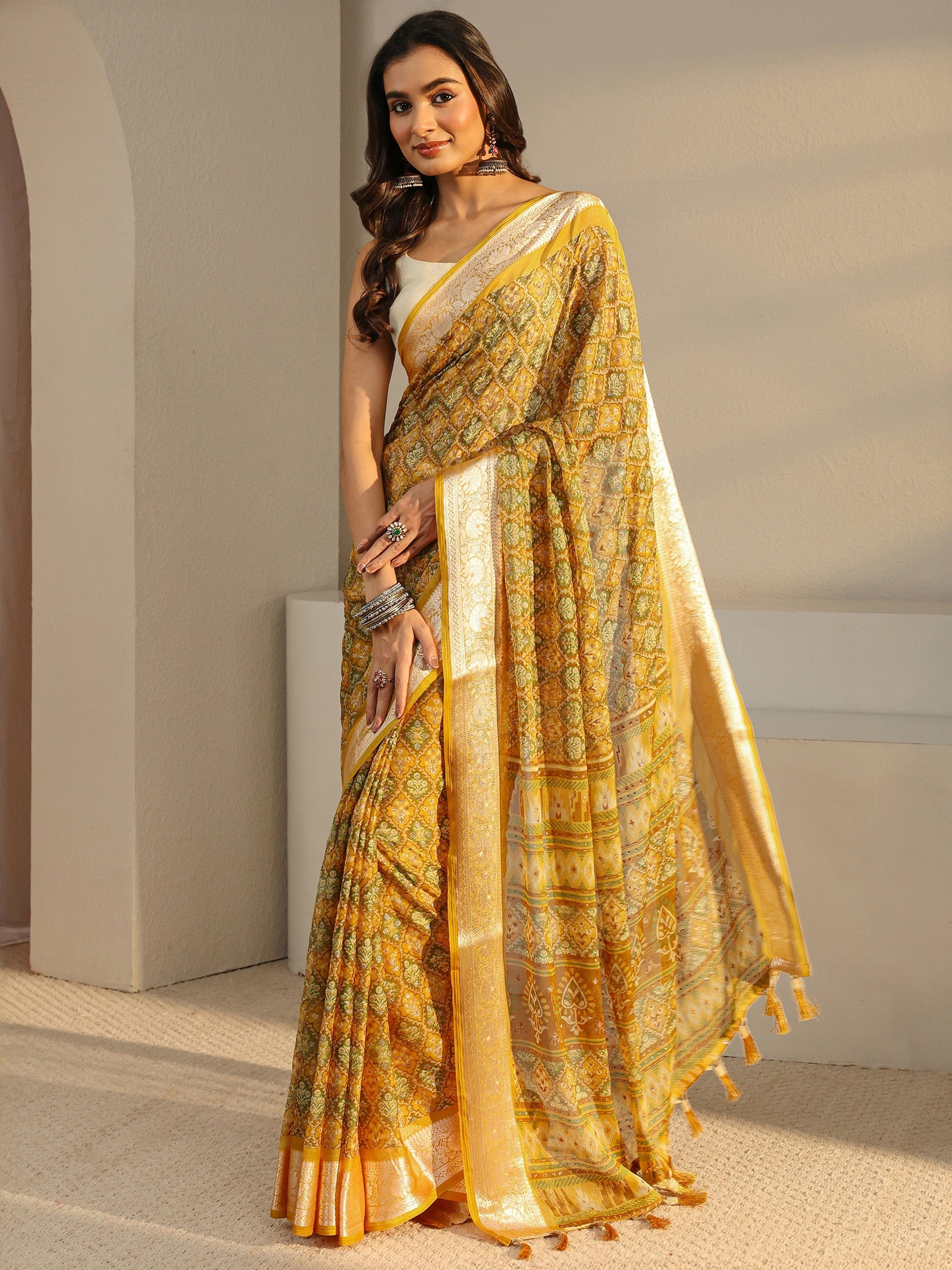 Libas Mustard Printed Chiffon Saree With Unstitched Blouse Piece