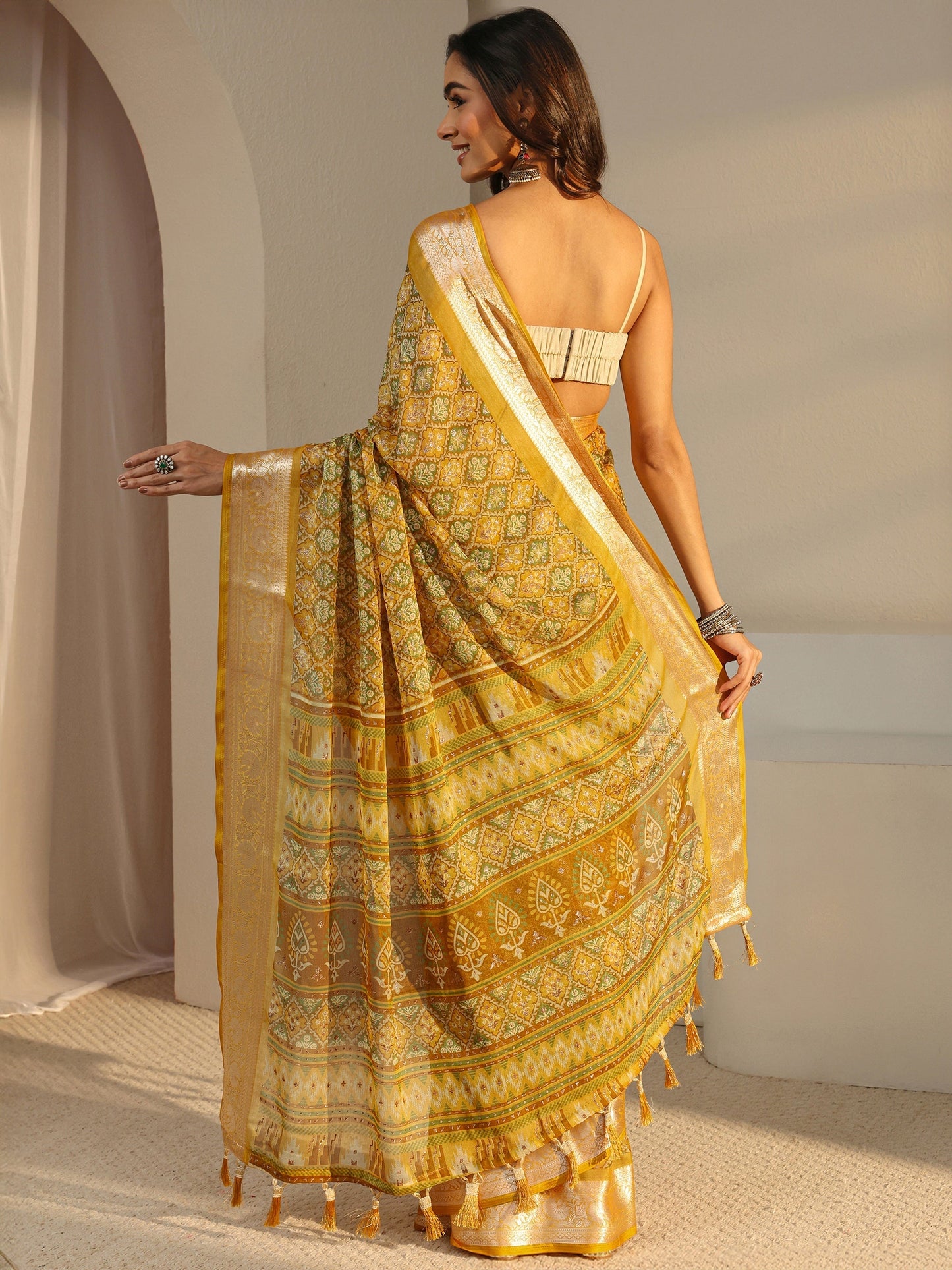 Libas Mustard Printed Chiffon Saree With Unstitched Blouse Piece