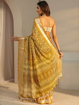 Libas Mustard Printed Chiffon Saree With Unstitched Blouse Piece