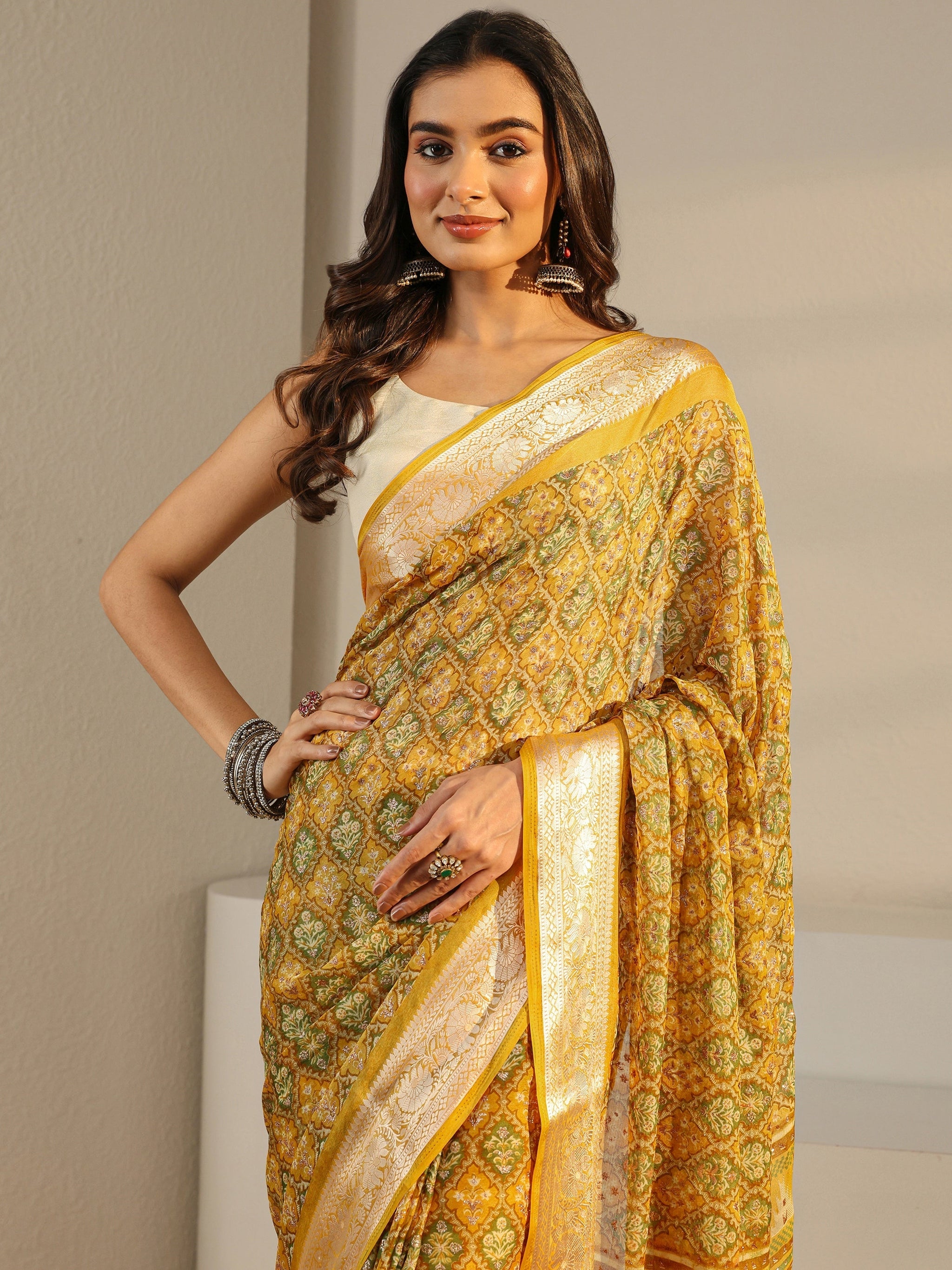 Libas Mustard Printed Chiffon Saree With Unstitched Blouse Piece