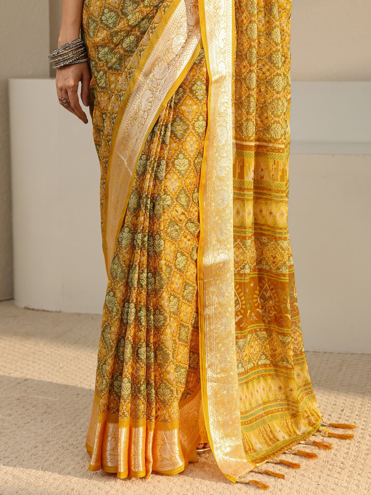 Libas Mustard Printed Chiffon Saree With Unstitched Blouse Piece