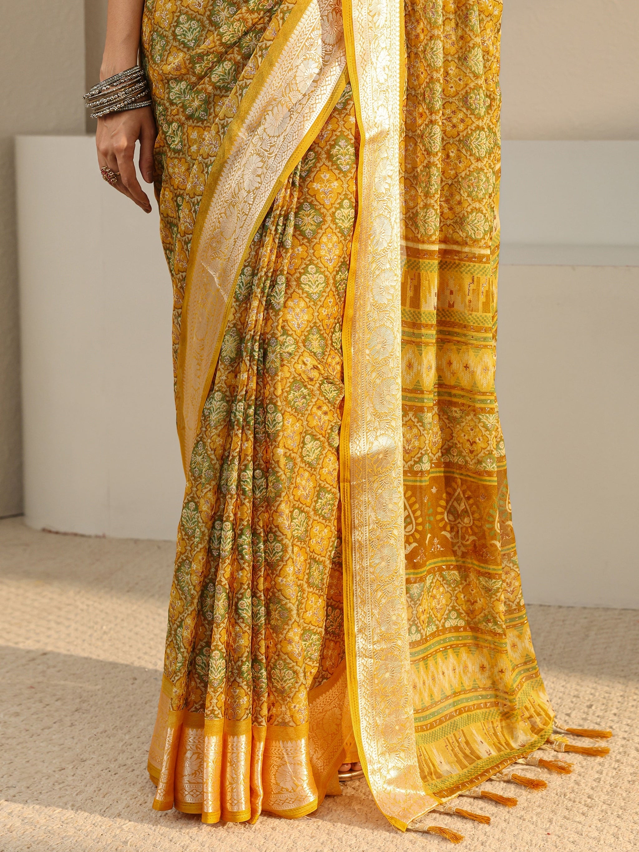 Libas Mustard Printed Chiffon Saree With Unstitched Blouse Piece