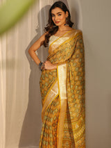 Libas Mustard Printed Chiffon Saree With Unstitched Blouse Piece