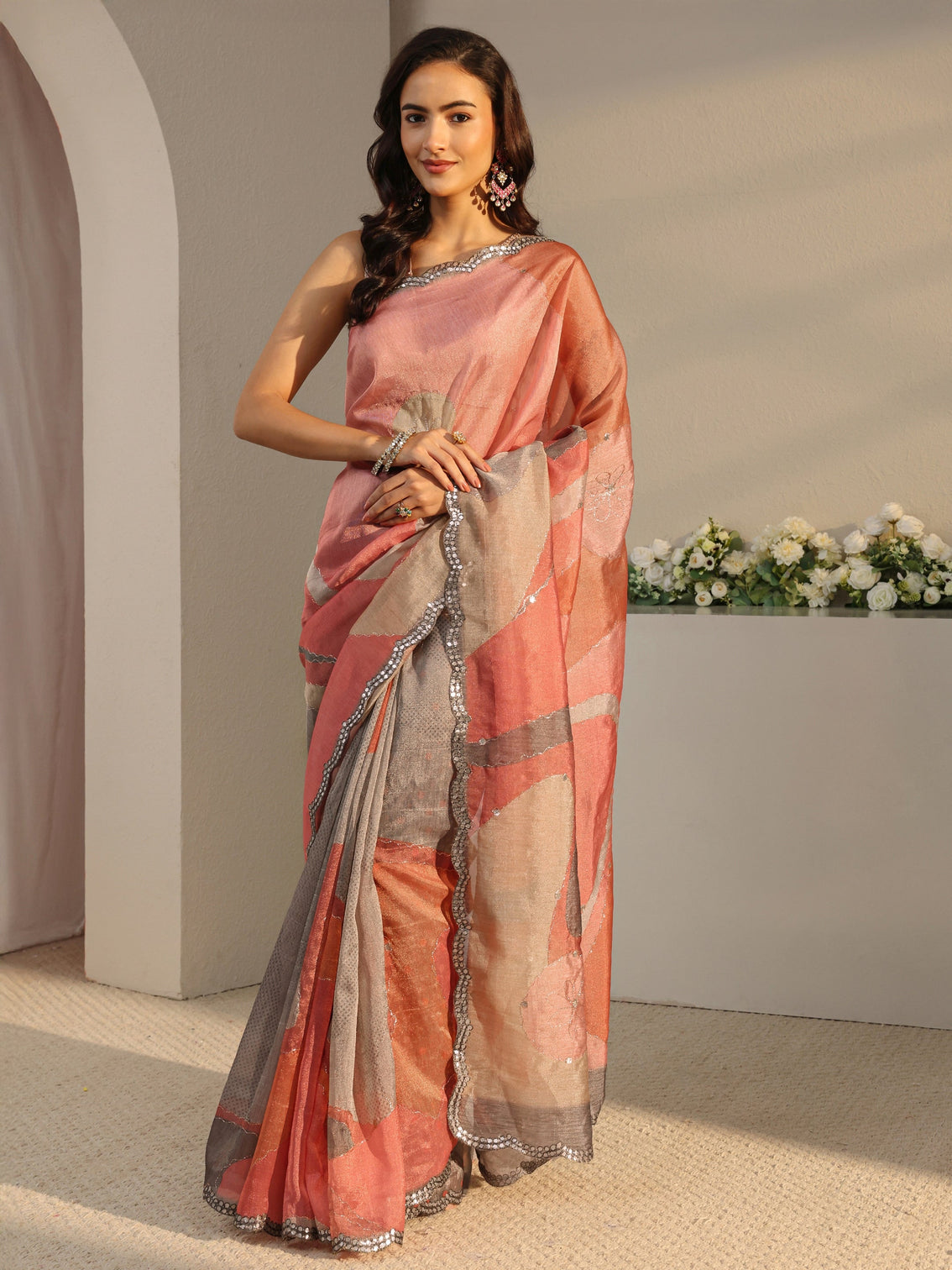 Mameraa Multi Abstract Printed Tissue Saree With Unstitched Blouse Piece