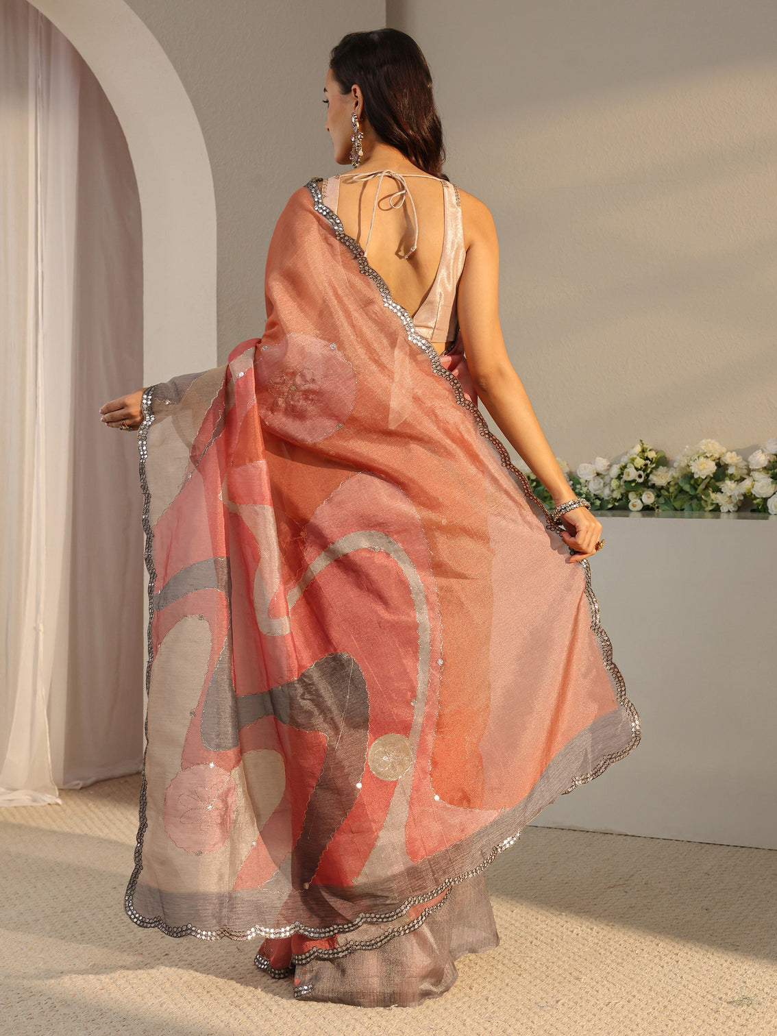 Mameraa Multi Abstract Printed Tissue Saree With Unstitched Blouse Piece