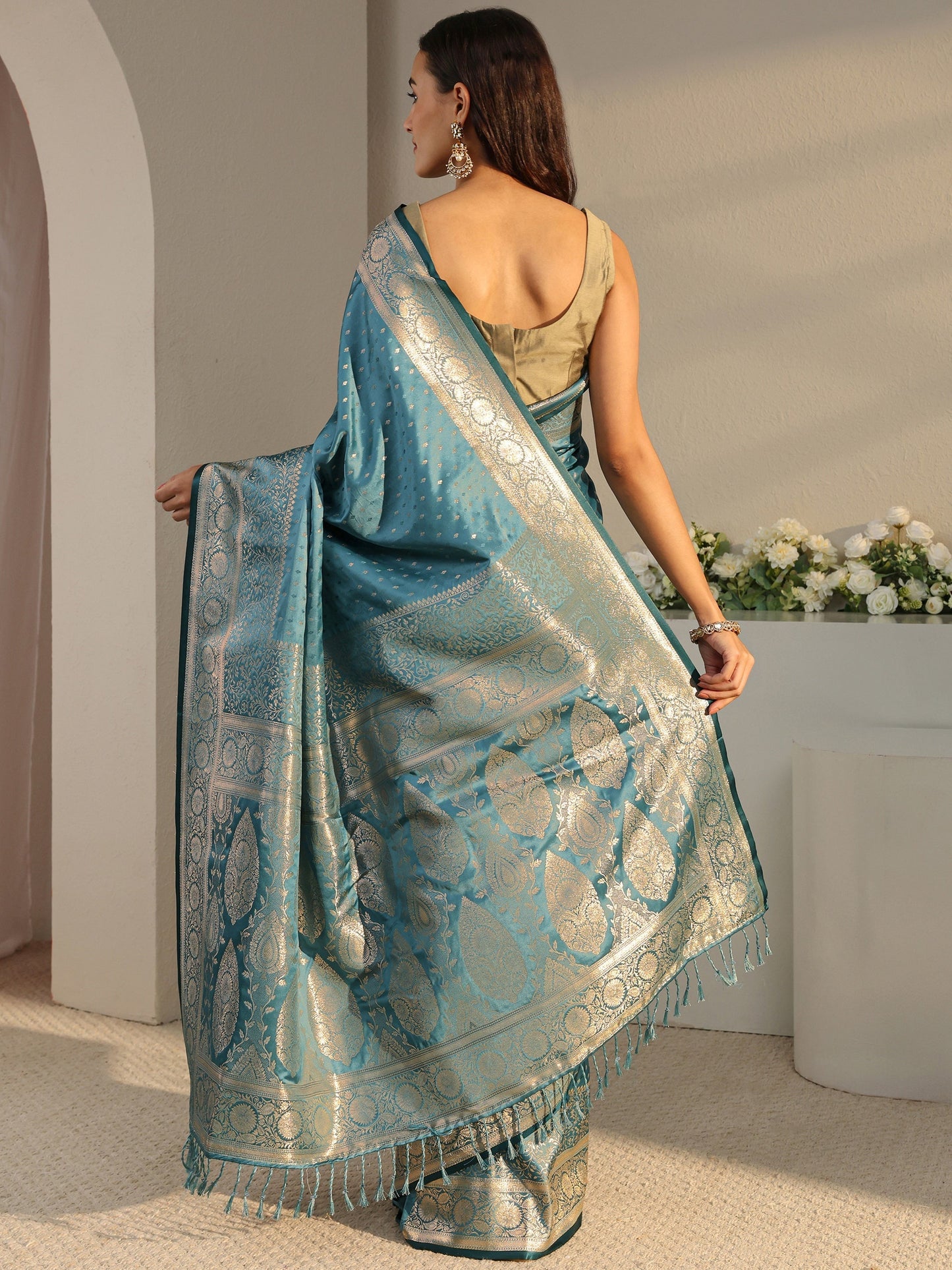 Libas Teal Ethnic Woven Design Silk Blend Saree With Unstitched Blouse Piece