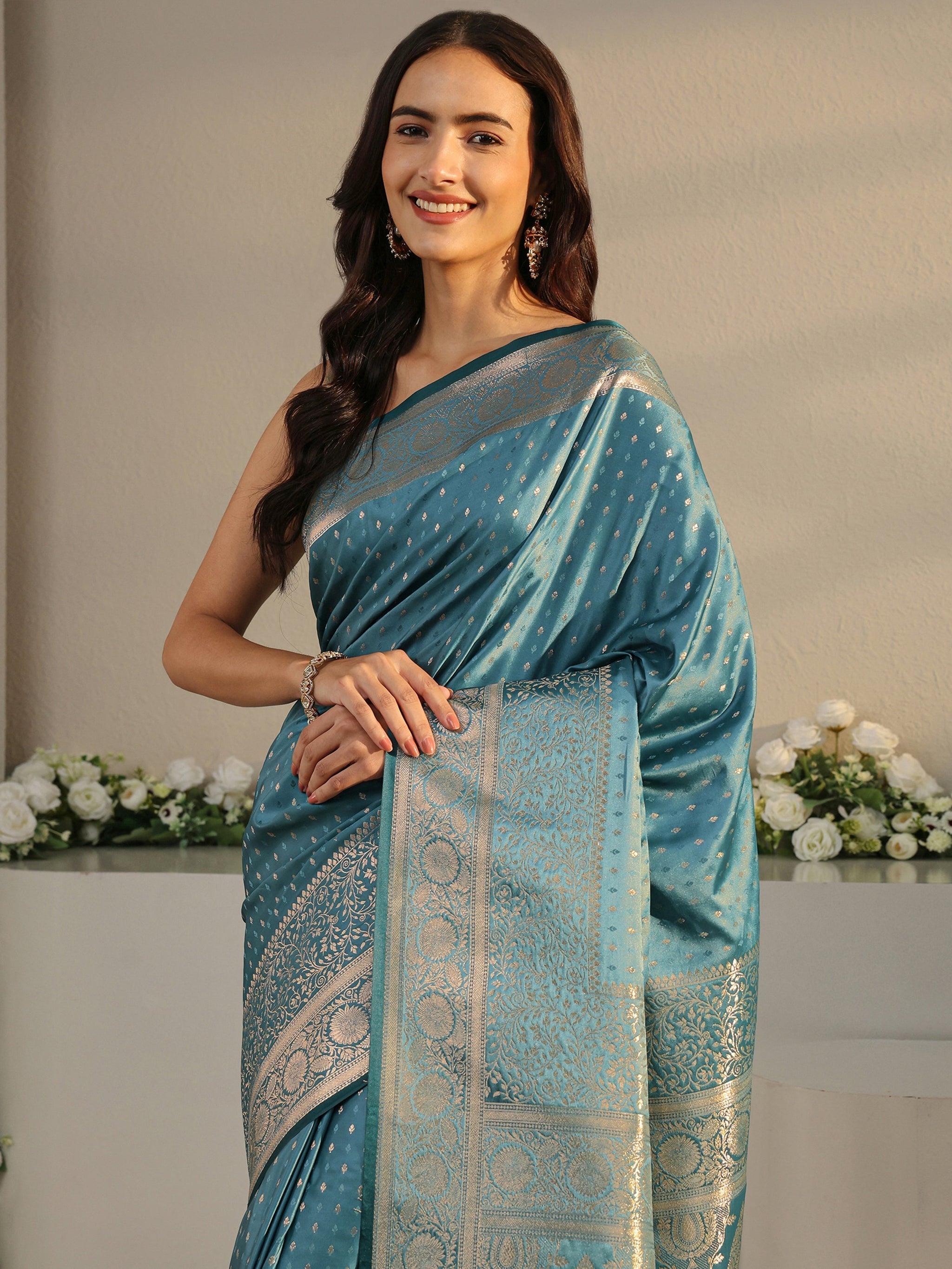 Libas Teal Ethnic Woven Design Silk Blend Saree With Unstitched Blouse Piece