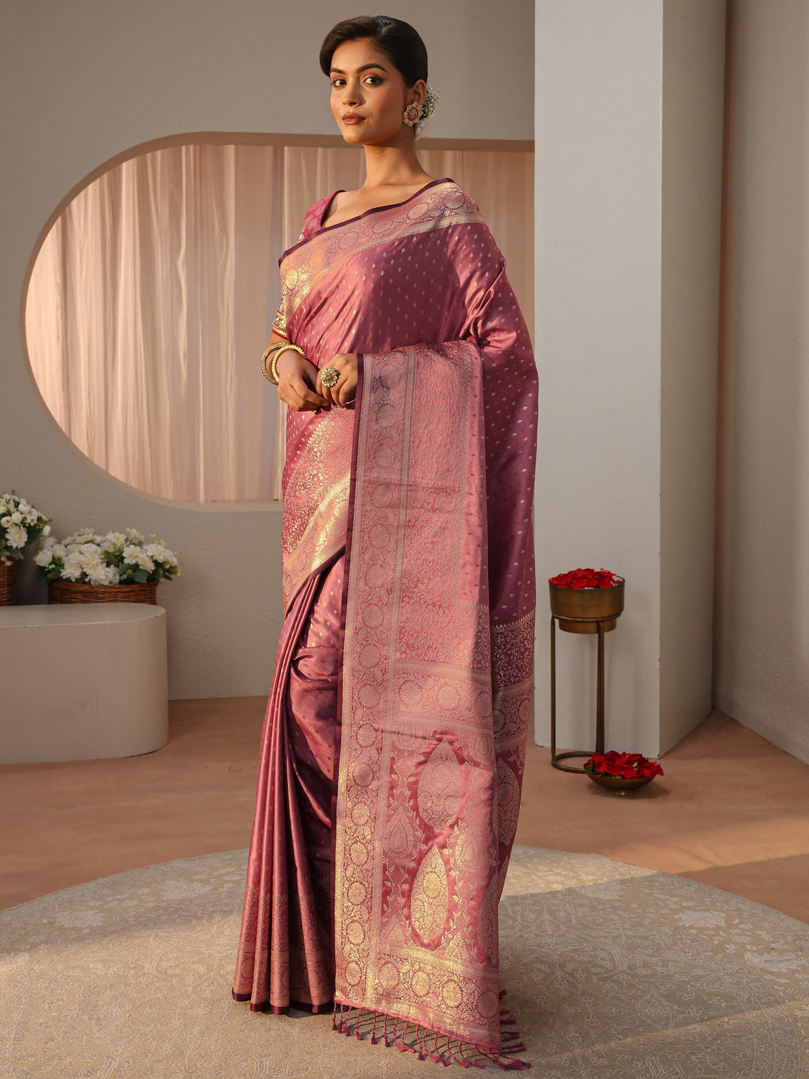 Mameraa Pink Kanjeevaram Silk Blend Saree
