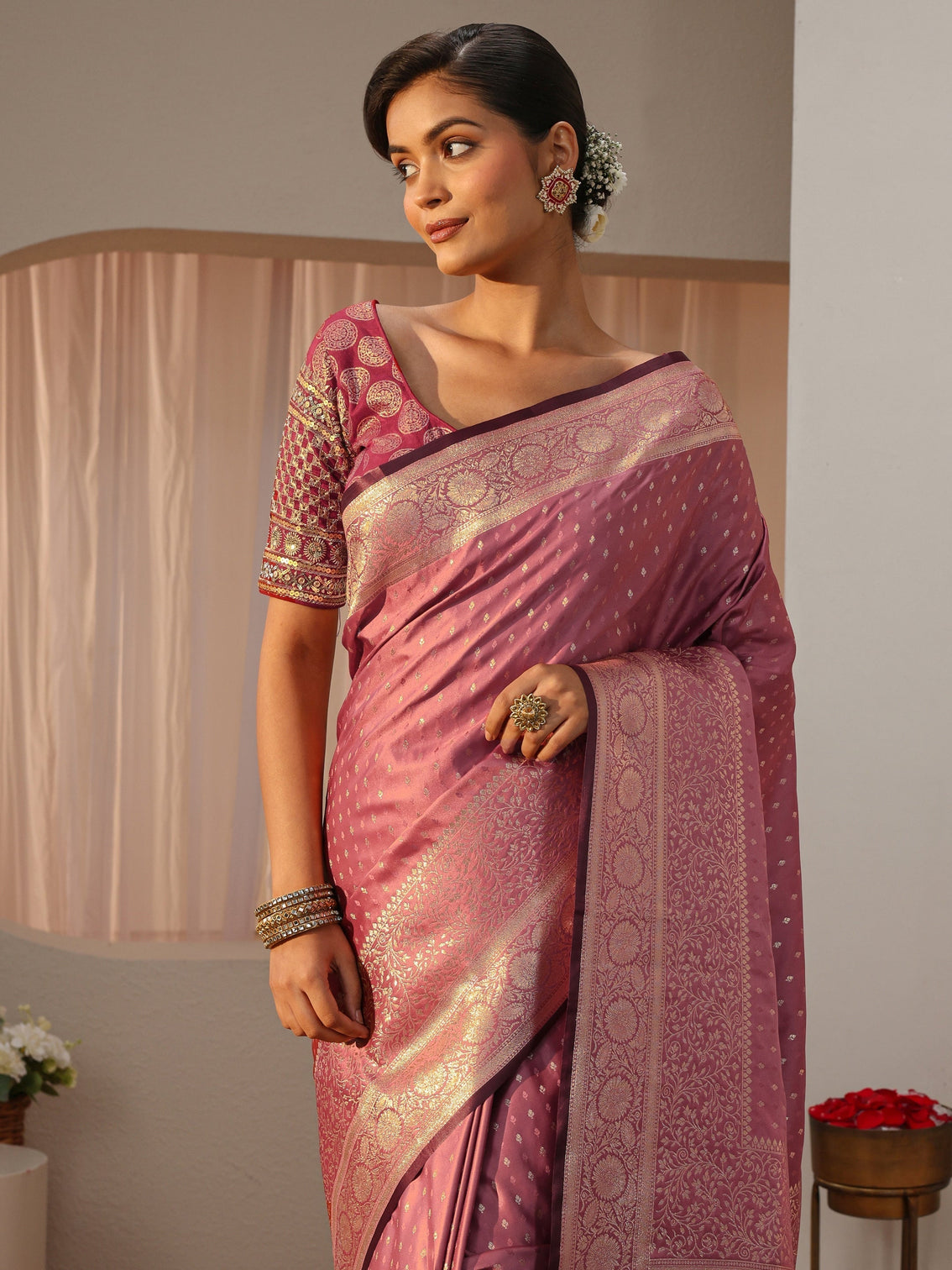 Mameraa Pink Kanjeevaram Silk Blend Saree
