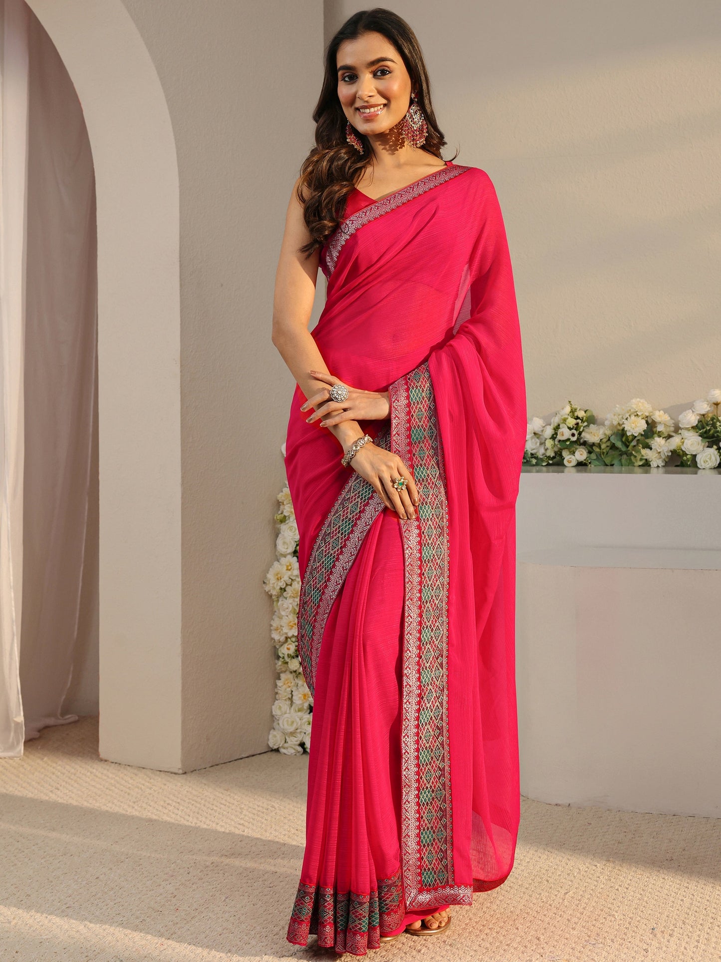 Libas Pink Solid Georgette Saree With Unstitched Blouse Piece