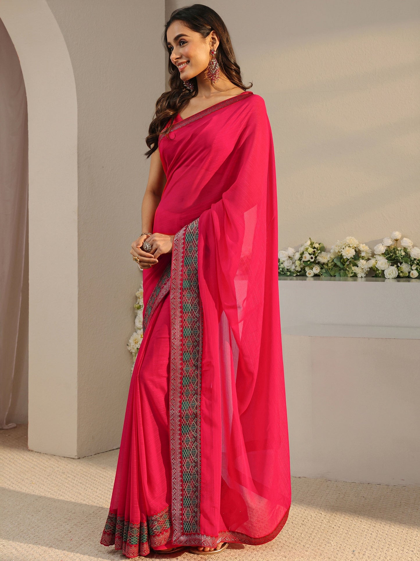 Libas Pink Solid Georgette Saree With Unstitched Blouse Piece