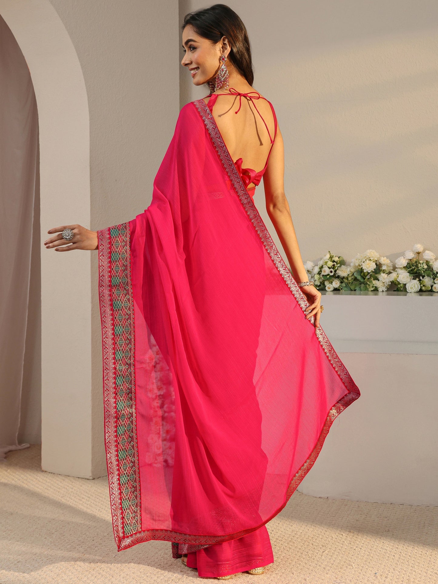 Libas Pink Solid Georgette Saree With Unstitched Blouse Piece