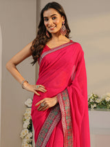 Libas Pink Solid Georgette Saree With Unstitched Blouse Piece