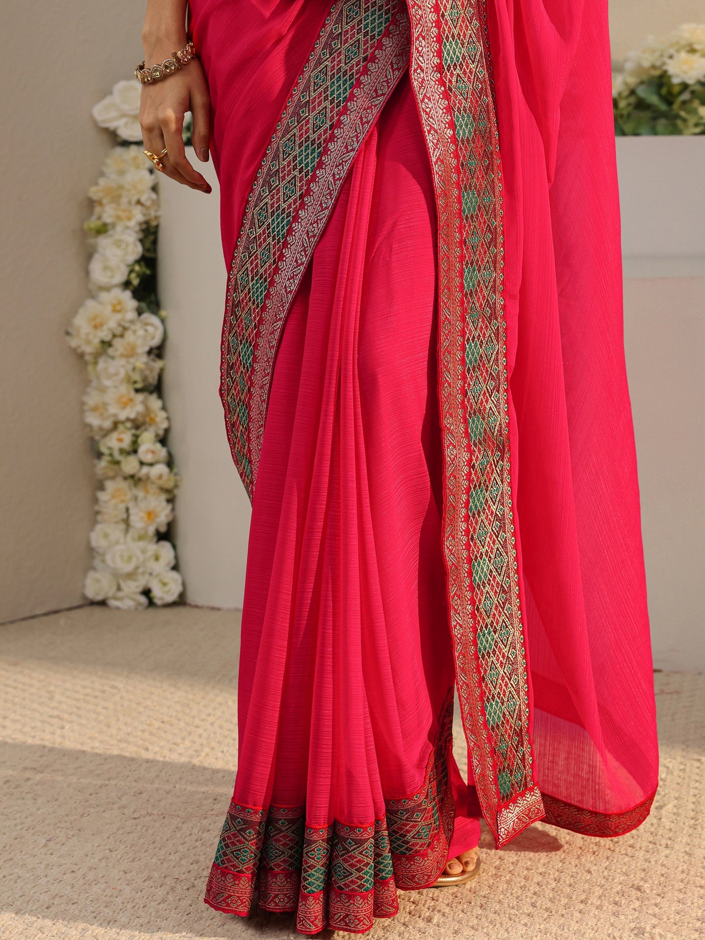 Libas Pink Solid Georgette Saree With Unstitched Blouse Piece