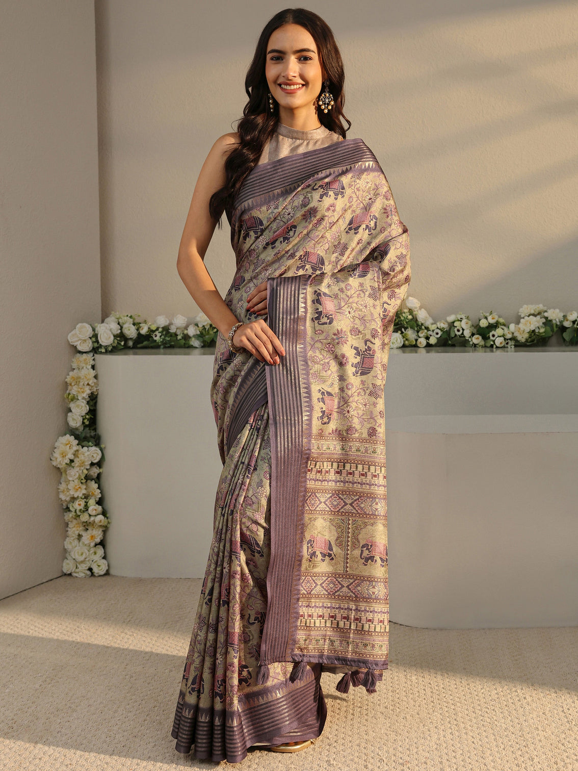 Mameraa Green Ethnic Printed Silk Blend Saree With Unstitched Blouse Piece